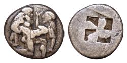 Ancient Coins - Thrace, Thasos; c. 500-480 BC,  AR22mm Stater, 7.5g. Le Rider-2, SNG Cop-1008. Obv: Nude ithyphallic satyr r., carrying off protesting nymph.  Quadripartite incuse square Very Fine