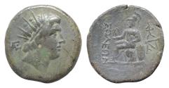 Ancient Coins - CILICIA, Soloi. Circa 100-30 BC. Æ (26mm, 10 g, ). Radiate head (of Helios?) right; monogram  to left / Athena Nikephoros seated left, resting left arm on shield; two monograms