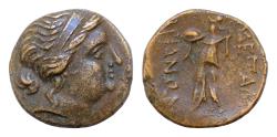 Ancient Coins - Thrace, Mesembria Æ 19mm. 6,2g Circa 175-115 BC. Diademed female head to right / Athena Promachos to left, between MEΣAM BPIANΩΝ downward to each side, crested helmet in inner left
