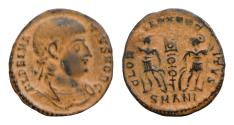Ancient Coins - Delmatius. Caesar, AD 335-337. Æ Follis (15mm, 1.5g,). Antioch mint, 10th officina. Struck AD 335-7. Laureate, draped, and cuirassed bust right / Two soldiers,