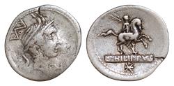 Ancient Coins - L. Philippus. 113-112 BC. AR Denarius (20mm, 3.8 g, ). Rome mint. Head of Philip V of Macedon right, wearing diademed royal Macedonian helmet with goat horns Equestrian statue