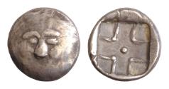 Ancient Coins - Eastern Celts. Odrysae . AR Drachm (13 mm, 1,63g), imitating a Parion Drachm.  Stylized facing head of Gorgoneion. Quadripartite incuse. Toplalov 56-57 (Odrysae).
