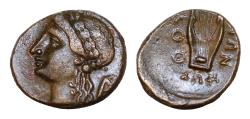 Ancient Coins - LUCANIA. Thourioi. Circa 280-213 BC. AE Bronze 14,6 mm, 3,1g, struck under the magistrate Sophi... Laureate head of Apollo to left; behind, monogram of AP.  ΘOΥ-ΡΙΩΝ / ΣΩΦΙ Lyre.