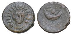 Ancient Coins - Roman Republican Anonymous. Circa 217-215 BC. Æ Uncia (24mm, 12.69 g,). Rome mint. Radiate and draped facing bust of Sol; • (mark of value) to lower left / Crescent; two stars