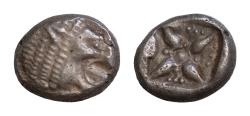 Ancient Coins - Ionia, Miletos AR Obol.Ionia, Miletos AR 8mm 1g  Obol. Late 6th-early 5th century BC. Forepart of lion right, head reverted / Stellate pattern in incuse square.