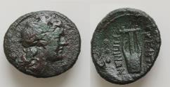 Ancient Coins - SICILY, Kentoripai. c.208-204 BC. Æ Semis (23mm, 7.8g, ). Uncial standard. Laureate head of Apollo right / Kithara; six pellets (mark of value) flanking