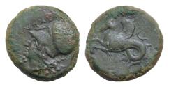 Ancient Coins - Sicily, Syracuse. AE Litra 18mm, 6g c. 400 BC.  Helmeted head of Athena left, ΣYPA to left.Hippocamp to left.