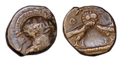 Ancient Coins - ATTICA. Athens. AE14mm 2,86g  (Circa 340/35-322/17 BC).  Helmeted head of Athena right.   A-O-E (retrograde). Double-bodied owl standing facing.