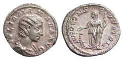 Ancient Coins - JULIA MAMAEA, mother of Severus Alexander. AR 19mm Denarius (2,9 gm). IVLIA MAMAEA AVG, draped bust right / IVNO CONS-ER-VATRIX, Juno, diademed and veiled,