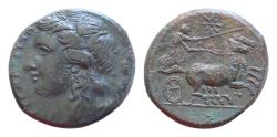 Ancient Coins - Sicily, Hiketas (287-278), Bronze, Syracuse, c. 287-278 BC; AE22mm 9gr.; SYPAKOZIN, head of Kore l., wearing wreath of grains, Rv. Charioteer driving fast biga r.; above, star.