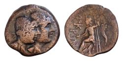 Ancient Coins - Bruttium, Lokroi, c. 350-300 BC. Æ (18mm, 3,8g, ). Jugate busts of Dioscuri r., wearing pilei surmounted by stars. R/ Zeus seated l., holding sceptre and patera; cornucopia to r.