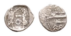 Ancient Coins - SAMARIA. Circa 375-333 BCE. AR 9mm Obol (0,7gm). Phoenician galley sailing left; 'B' above / Persian king slaying lion; variant ankh symbol between