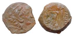 Ancient Coins - SYRIA, Seleukid Kings. Alexander I Balas. 150-146/145 BC. Æ 19mm 7,6gm. Head of Alexander right, wearing lion's skin headdress / Nike , Extremely rare ! Very Fine