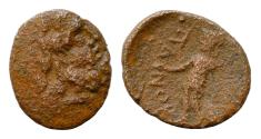 Ancient Coins - SICILY, Panormos. After 200 BC. Æ (17mm, 2,8g, ). Laureate head of Zeus right / Warrior standing left, holding phiale and spear, shield to right.
