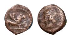 Ancient Coins - Roman Provincial Uncertain  JUDAEA, Caesarea Maritima ? Palmyra . 1st-3rd centuries CE. Æ 'Minim' 9mm, 0.61 g, Male Head ?   / Griffin  standing right; beh. Extremely Rare