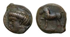 Ancient Coins - SICILY, Eryx. Circa 330-260 BC. Æ Onkia 14mm, 3.2g. Head of female left / Horse stepping left.