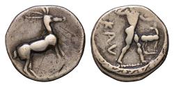 Ancient Coins - Bruttium, Kaulonia, Stater, ca. 475-425 BC. AR 20mm 6,48g  KAV, Apollo standing r., holding branch and small figure running; on r., stag. Stag standing r.