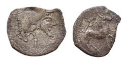 Ancient Coins - Sicily, Gela, c. 465-450 BC. AR Litra (11 mm, 0.54g). Horse advancing r.; wreath above. R/ Forepart of man-headed bull