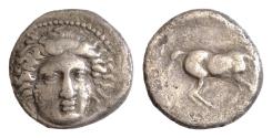 Ancient Coins - Thessaly. Larissa circa 380 BC-AD 365. Drachm AR 19 mm, 5,57g Head of the nymph Larissa facing slightly right, hair in ampyx / Mare standing right with foal right in background.