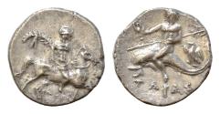 Ancient Coins - CALABRIA, Tarentum. Occupation of Hannibal. Circa 212-209 BC. AR Reduced Nomos or Punic Half-Shekel (3.46 gm). Sokannas, magistrate. Warrior on horsebacTaras on dolphin left