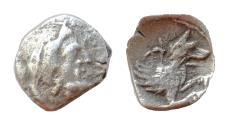 Ancient Coins - LYCAONIA, Laranda. Circa 324/3 BC. AR Hemiobol (9mm, 0.6 g). Head of male right / Forepart of hound right; crescent to left. Good Very Fine