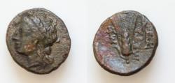 Ancient Coins - LUCANIA, Metapontion. Circa 300-250 BC. Æ 15,5mm 3,4g. Laureate head of Apollo left / Barley ear, leaf to left; tripod to right.