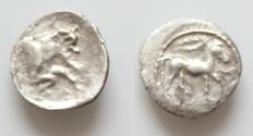 Ancient Coins - Sicily, Gela AR Litra. c. 465-450. Horse standing r. with bridle; wreath above / Forepart of man-headed bull r.