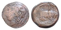 Ancient Coins - GAUL, Massalia. Circa 240-218/5 BC. Æ (23mm, 11g,). Head of Apollo left; kantharos behind / Bull butting right Crescent