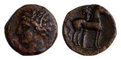 Ancient Coins - CARTHAGE. c. 400-350 BC. Æ Unit 14mm, 3g, Carthage mint. Wreathed head of Tanit left / Horse standing right; palm tree in background; to right, Good Very Fine