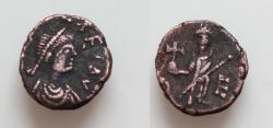 Ancient Coins - Leo I. AD 457-474. with Verina Æ (12mm, 0.75 g,). Constantinople mint. Pearl-diademed, draped, and cuirassed bust right / Verina standing facing, holding globus cruciger and scepte