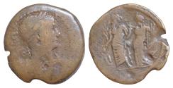 Ancient Coins - Trajan. A.D. 98-117. AE drachm (32 mm, 16,8g, ). Alexandria mint, Nilus standing, facing, head left holding serpent-entwined staff; behind him Alexandria