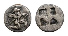 Ancient Coins - Islands off Thrace, Thasos AR Obol. Islands off Thrace, Thasos AR Obol. Circa 510-480 BC. Satyr running right / Quadripartite incuse square.  0.9g, 11mm. Extremely Fine. Very Rare.