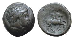 Ancient Coins - KINGS of MACEDON. Philip II. 359-336 BC. Æ Unit (18mm, 6g,). Uncertain mint in Macedon. Diademed head of Apollo right / Youth on horseback riding right; A below.