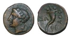Ancient Coins - LUCANIA, Thourioi. Circa 280-213 BC. Æ (12mm, 1.94g, ). Laureate head of Apollo left; monogram behind neck / Cornucopia;