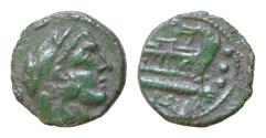 Ancient Coins - Anonymous Æ2.5g, 15mm,  Lightweight Quadrans. Unofficial issue from uncertain mint (?), after 211 BC. Head of Hercules right; three pellets behind / Prow right; three pellets