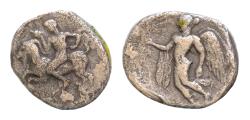 Ancient Coins - Sicily, Himera (420-409 BC), Hemidrachm; AR (1,77 g; 14,5 mm) youthful Pan, nude and with tiny horn above his ears, riding left on prancing goat, holding  holding a kerykeion