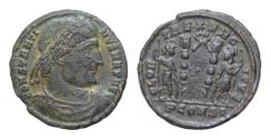 Ancient Coins - Constantine I the Great (AD 307-337). AE 18mm 3g Silvered Follis Arles, 1st officina, AD 333. two standards and wreath above pellet between them, PCONST in exergue Very Rare