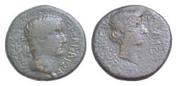 Ancient Coins - MACEDON, Thessalonica. Tiberius, with Julia Augusta (Livia). AD 14-37. Æ (23mm, 8.5 g,). Laureate head of Tiberius right / Head of Julia Augusta (Livia) right.