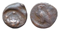 Ancient Coins - Sicily, Onkia,Akragas, c. 425-406 BC, AE,18 mm 3,5g ). AKPA, eagle with head reverted standing l., holding fish with talons; at r. fly, Rv. Crab; below shell, above pellet.