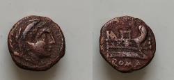 Ancient Coins - Anonymous issue Quadrans 135-125, Æ16mm  4,2g. Head of Hercules r., wearing lion’s skin; behind, three pellets. Rev. Prow r.; before, three pellets and below, ROMA.