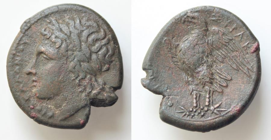 Ancient Coins - Sicily, Syracuse Sicily, Syracuse Æ23mm 7,4g . Hiketas, c. 287-278 BC. Laureate head of Apollo right, palladium in left field / Eagle standing left; star in left field. CNS II, n.