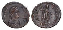 Ancient Coins - Theodosius I Æ 23mm 4,88g  AD 392-394. Antioch D N THEODOSIVS P F AVG, diademed, draped and cuirassed bust right / GLORIA ROMANORVM, Emperor standing facing, holding labarum