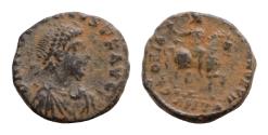 Ancient Coins - Arcadius. (383-408 AD). Æ 14mm 2,1g Follis. Antioch . Obv: ARCADIVS PF AVG. pearl-diademed bust of Arcadius right. Rev: GLORIA ROMANORVM. Arcadius on horseback riding right.