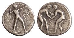 Ancient Coins - PAMPHYLIA. Aspendos. Circa 380/75–330/25 BC. AR Stater (24 mm, 9,5 g, ). Two nude wrestlers standing, grappling with each other; between them
