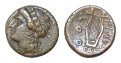 Ancient Coins - LUCANIA. Thourioi. Circa 280-213 BC. AE Bronze 14,6 mm, 3,1g, struck under the magistrate Sophi... Laureate head of Apollo to left; behind, monogram of AP.