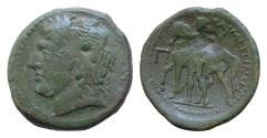 Ancient Coins - SICILY, Messana. The Mamertinoi. 211-208 BC. Æ Pentonkion (28mm, 10,3g,  Laureate head of Ares left; helmet behind neck / Warrior standing left, holding spear and leading horse lef