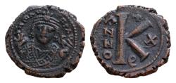 Ancient Coins - Maurice Tiberius. 582-602. Æ Half Follis 21mm, 6,4 g,. Theoupolis (Antioch) mint. Dated RY 13 (594/5). Crowned facing bust, wearing consular robes, holding mappa and eagle-tipped