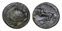 Ancient Coins - SICILY, Kamarina. Circa 339-317 BC. Æ (16mm, 3.44 g, ). Helmeted head of Athena left / Horse prancing left; in exergue, grain ear left.