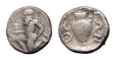 Ancient Coins - Islands off Thrace. Thasos 450-425 BC. Obol AR 11mm., 0,9g. Satyr kneeling left, holding kantharos with right hand /  amphora. Very Fine