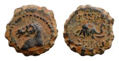 Ancient Coins - Seleukid Empire, Demetrios I Soter Serrate Æ 14mm. 3.8g  Antioch on the Orontes, 162-150 BC. Bridled head of horse to left / [B]AΣIΛEΩΣ [Δ]HMHTPIOY, head of elephant to right.